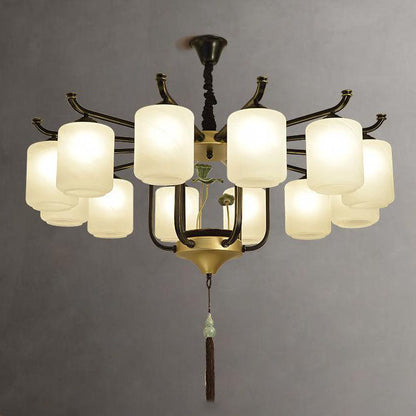 Traditional Chinese Iron Frame Cylinder Glass Shade 6/8/10/12-Light Chandelier For Living Room