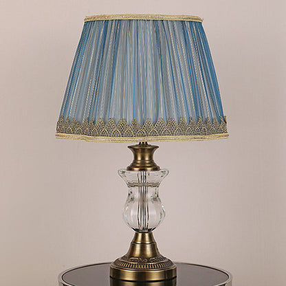 Traditional European Cylinder Hardware Crystal Fabric 1-Light Table Lamp For Bedroom