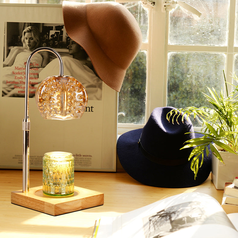 Modern Simplicity Wood Iron Glass Round Ball Square Base 1-Light Dimmable Melting Wax Table Lamp For Bedside