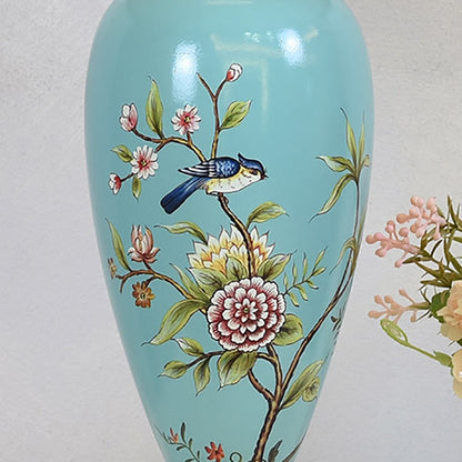 Traditional Chinese Bird And Flower Cylinder Hardware Ceramic Fabric 1-Light Table Lamp For Bedroom