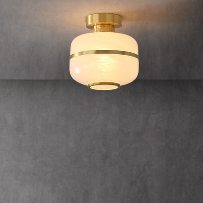 Modern Chinese Copper Fabric Round Tassel 1-Light Semi-Flush Mount Ceiling Light