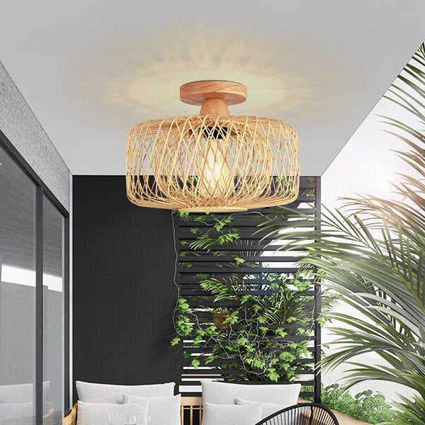 Contemporary Coastal Round Wood Bamboo Woven 1-Light Semi-Flush Mount Ceiling Light For Living Room