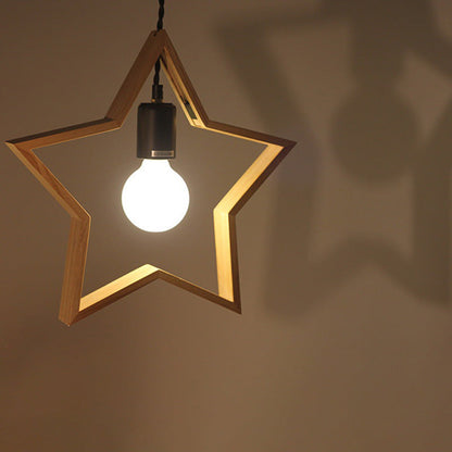Contemporary Creative Solid Wood Pentagram Star 1-Light Pendant Light For Living Room