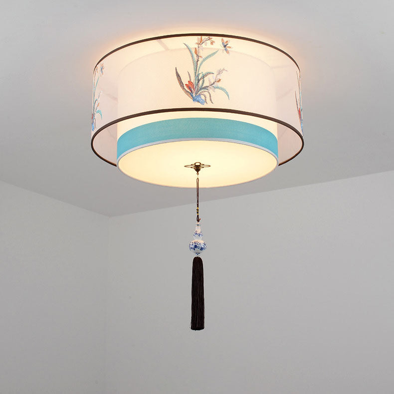 Traditional Chinese Iron Embroidered Fabric Shade 4-Light Flush Mount Ceiling Light For Bedroom