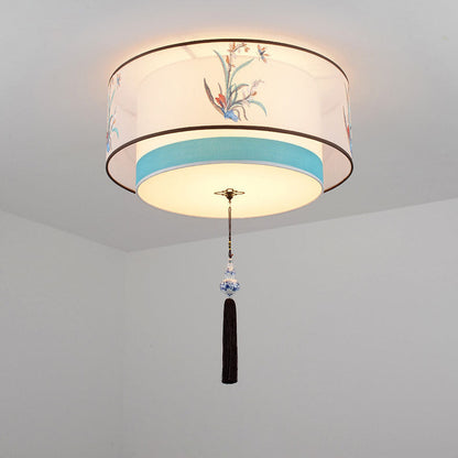 Traditional Chinese Iron Embroidered Fabric Shade 4-Light Flush Mount Ceiling Light For Bedroom