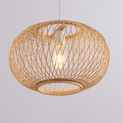 Traditional Japanese Weaving Bamboo Iron Ball Lantern 1-Light Pendant Light For Dining Room