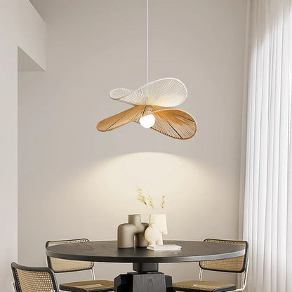Traditional Vintage Wood Paper Rope Weaving Straw Hat Shape 1-Light Pendant Light For Living Room