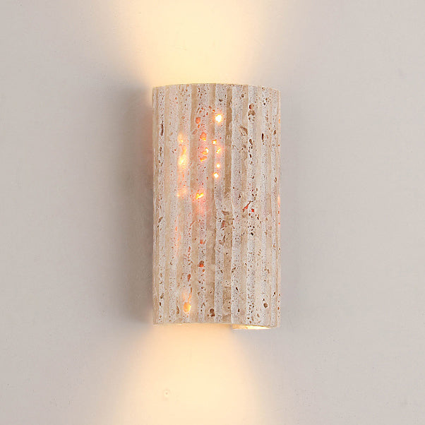 Traditional Japanese Striped Beige Travertine Semicircle LED Waterproof Wall Sconce Lamp For Living Room