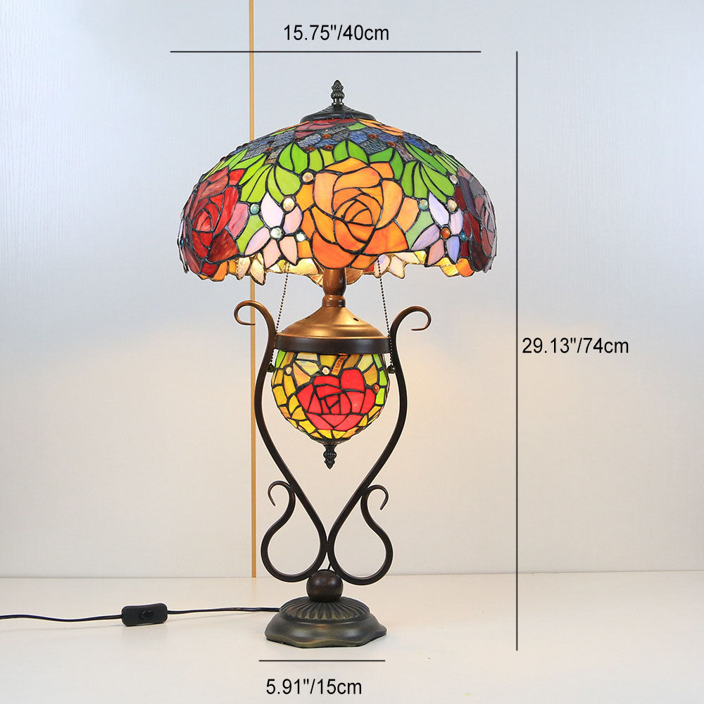 Tiffany European Vintage Floral Stained Glass Round Pot 3-Light Table Lamp