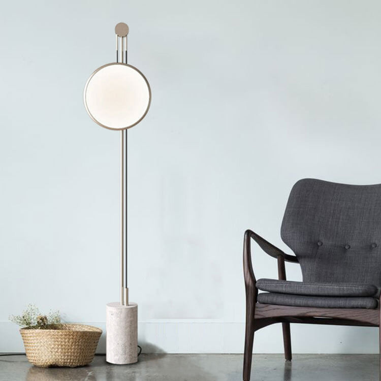 European Simple Round Shade Iron Faux Marble Textured Base LED Standing Floor Lamp