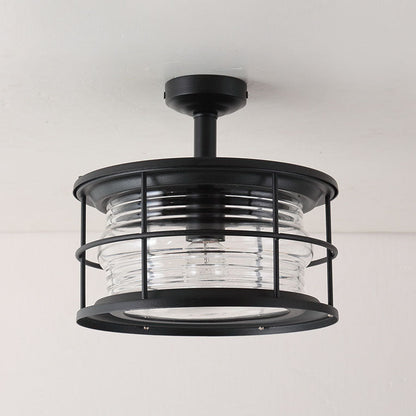 Industrial Vintage Glass Drum 1-Light Outdoor Semi-Flush Mount Ceiling Light