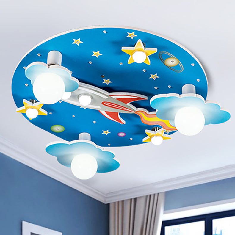 Modern Art Deco Kids Wood Plastic Round Rocket Starry Sky LED Flush Mount Ceiling Light For Bedroom