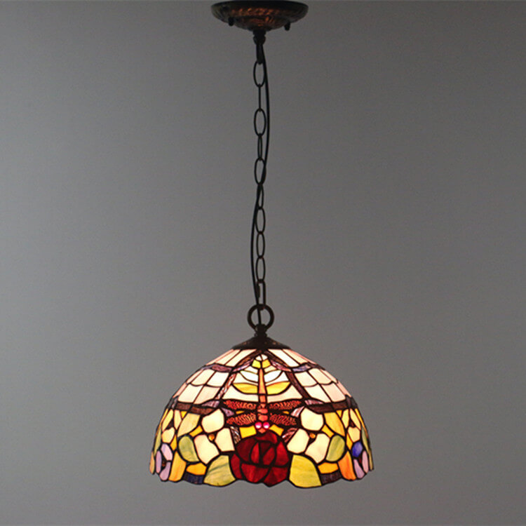 Tiffany Vintage Butterfly Stained Glass Dome 1-Light Pendant Light