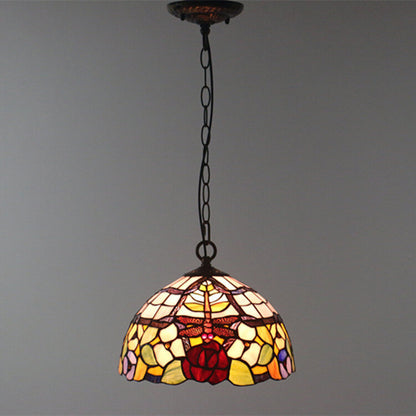 Tiffany Vintage Butterfly Stained Glass Dome 1-Light Pendant Light