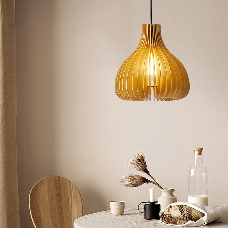 Traditional Solid Wood Sydney Shaped Hollow Japanese 1-Light Pendant Light