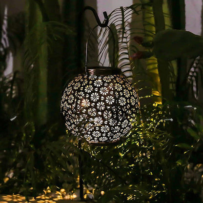 Modern Art Deco Solar Waterproof Portable Flower Round Lantern Iron LED Outdoor Light For Garden