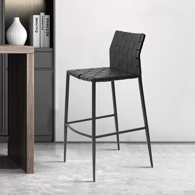 Contemporary Luxury Square Faux Saddle Leather Metal Bar Stool Backrest Footrest For Dining Room