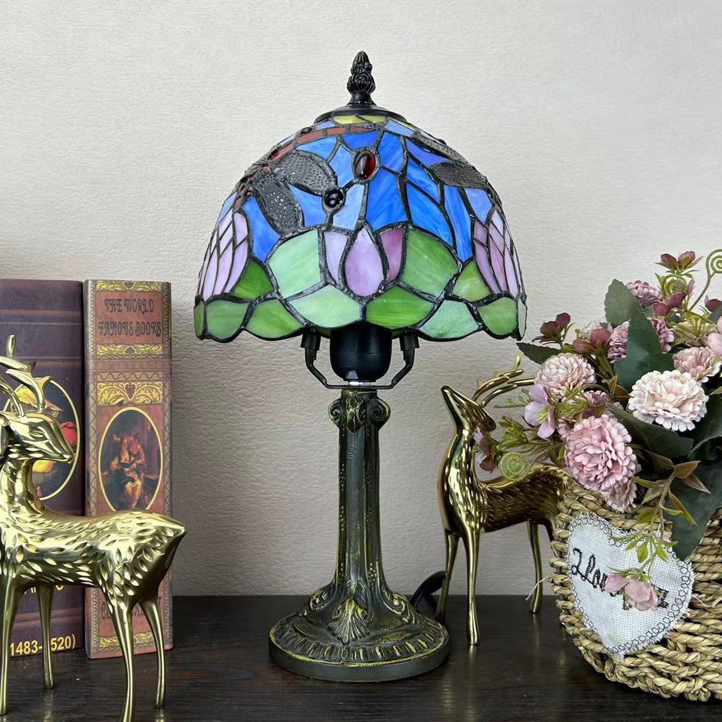Traditional Tiffany Alloy Glass Dome Flower 1-Light Table Lamp For Bedside