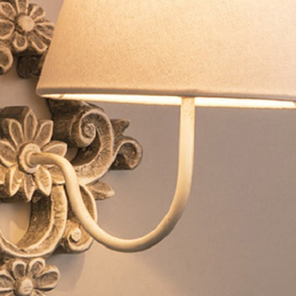 Traditional Vintage Carved Cylinder Solid Wood Fabric 1-Light Wall Sconce Lamp For Bedroom