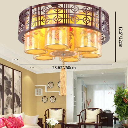 Traditional Chinese Iron Wood PVC Round Cylinder Printed 7/9/11 Light Chandeliers For Dining Room