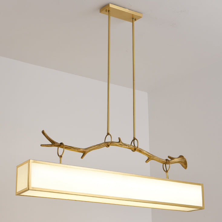 Modern Art Deco Full Copper Branch Fabric Rectangle Shade 1-Light Island Light Pendant Light For Living Room