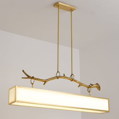 Modern Art Deco Full Copper Branch Fabric Rectangle Shade 1-Light Island Light Pendant Light For Living Room