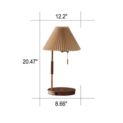 Modern Pleated Shade Walnut Wood Round Base 1-Light Table Lamp
