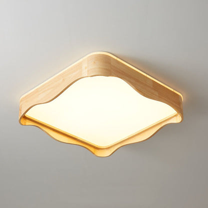 Japanese Original Wood Square Ripple Design LED Flush Mount Ceiling Light