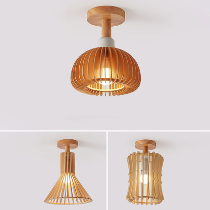 Nordic Wood Geometric Round 1-Light Semi-Flush Mount Ceiling Light