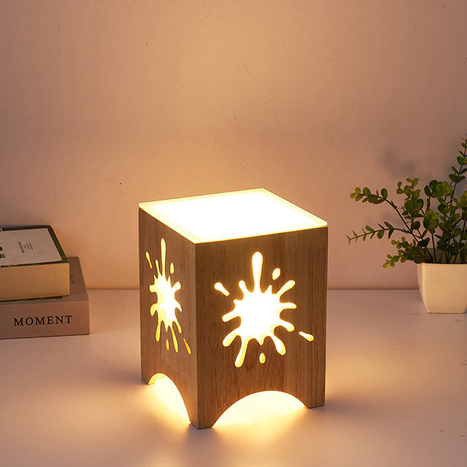 Japanese Harajuku Solid Wood Hollow Pattern Cube Acrylic 1-Light Table Lamp