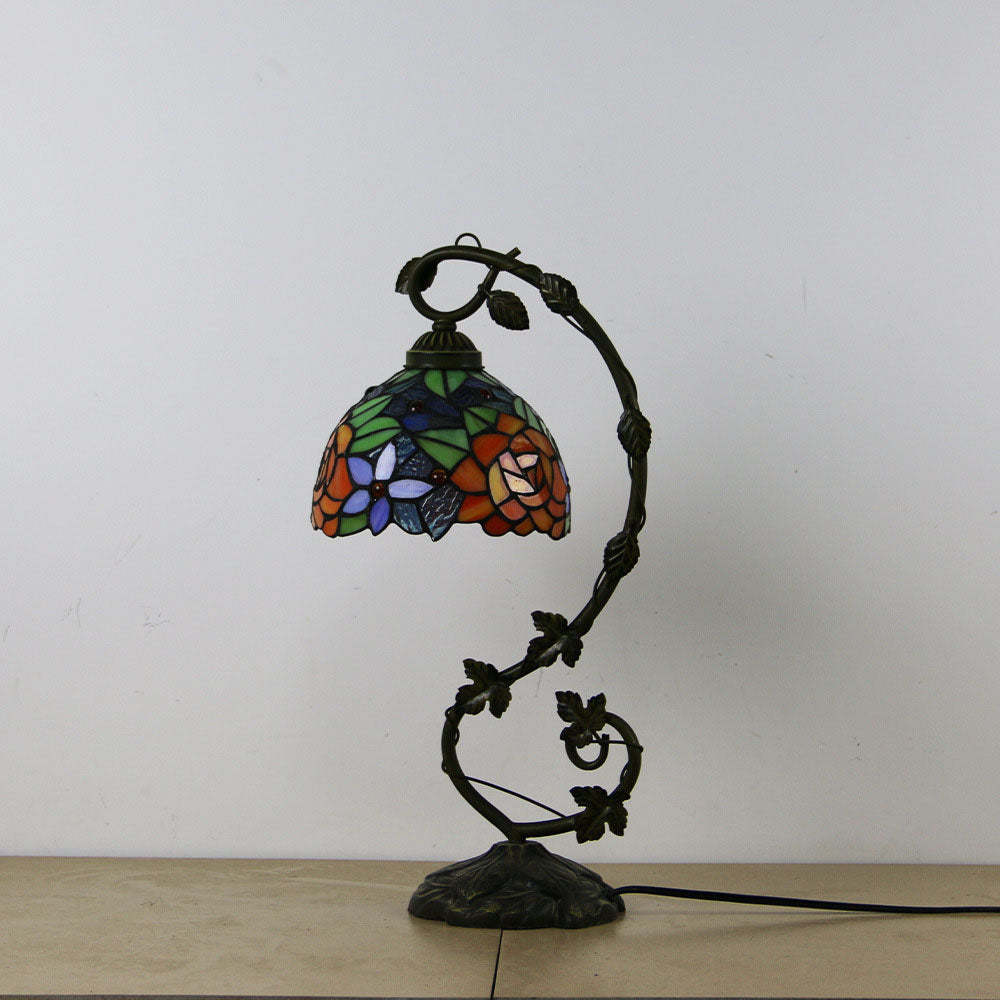 Traditional Tiffany Half Round Flower Vine Resin Stained Glass 1 Light Table Lamp For Bedroom