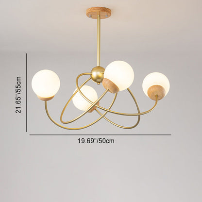 Contemporary Nordic Surround Round Orb Iron Wood Glass 4/6 Light Chandelier For Living Room