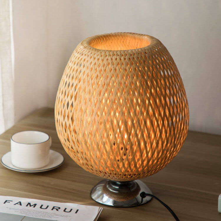 Chinese Minimalist Bamboo Weaving Oval Round 1-Light Table Lamp