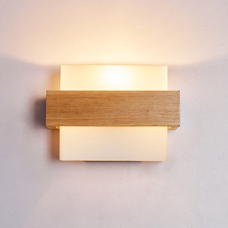 Traditional Farmhouse Wood Glass Cubic 1-Light Wall Sconce Lamp For Bedside