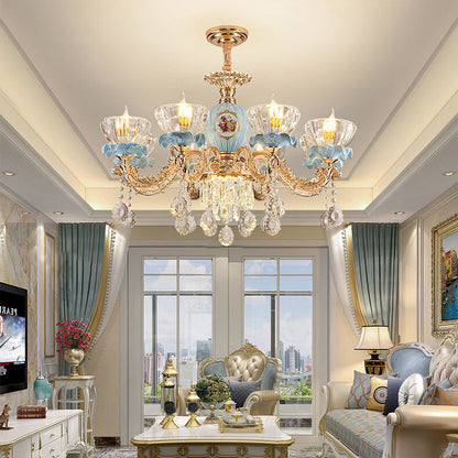Traditional European Flower Candelabra Zinc Alloy Crystal Glass Ceramic 6/8/10/12 Light Chandelier For Living Room