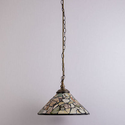 European Vintage Jade Stained Glass Cone Brass 1-Light Pendant Light