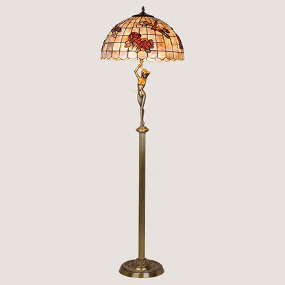 Traditional Tiffany Brass Shell Dome Rose Dragonfly 3-Light Standing Floor Lamp For Living Room