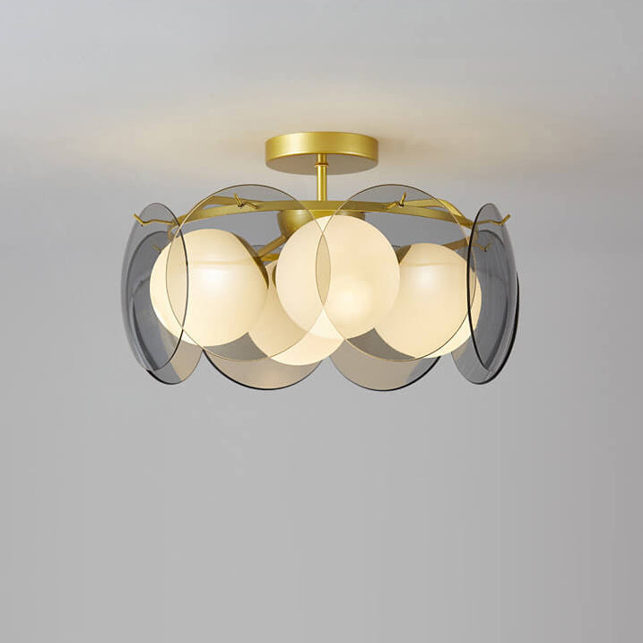 Modern Mid-Century Golden Finish Frame Glass Ball Shade 4/6-Light Semi-Flush Mount Ceiling Light For Living Room
