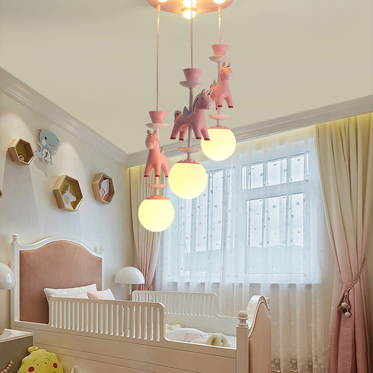 Modern Art Deco Kids Iron Resin Glass Round Base Ball Horse 1/3/5 Light Flush Mount Ceiling Light For Bedroom