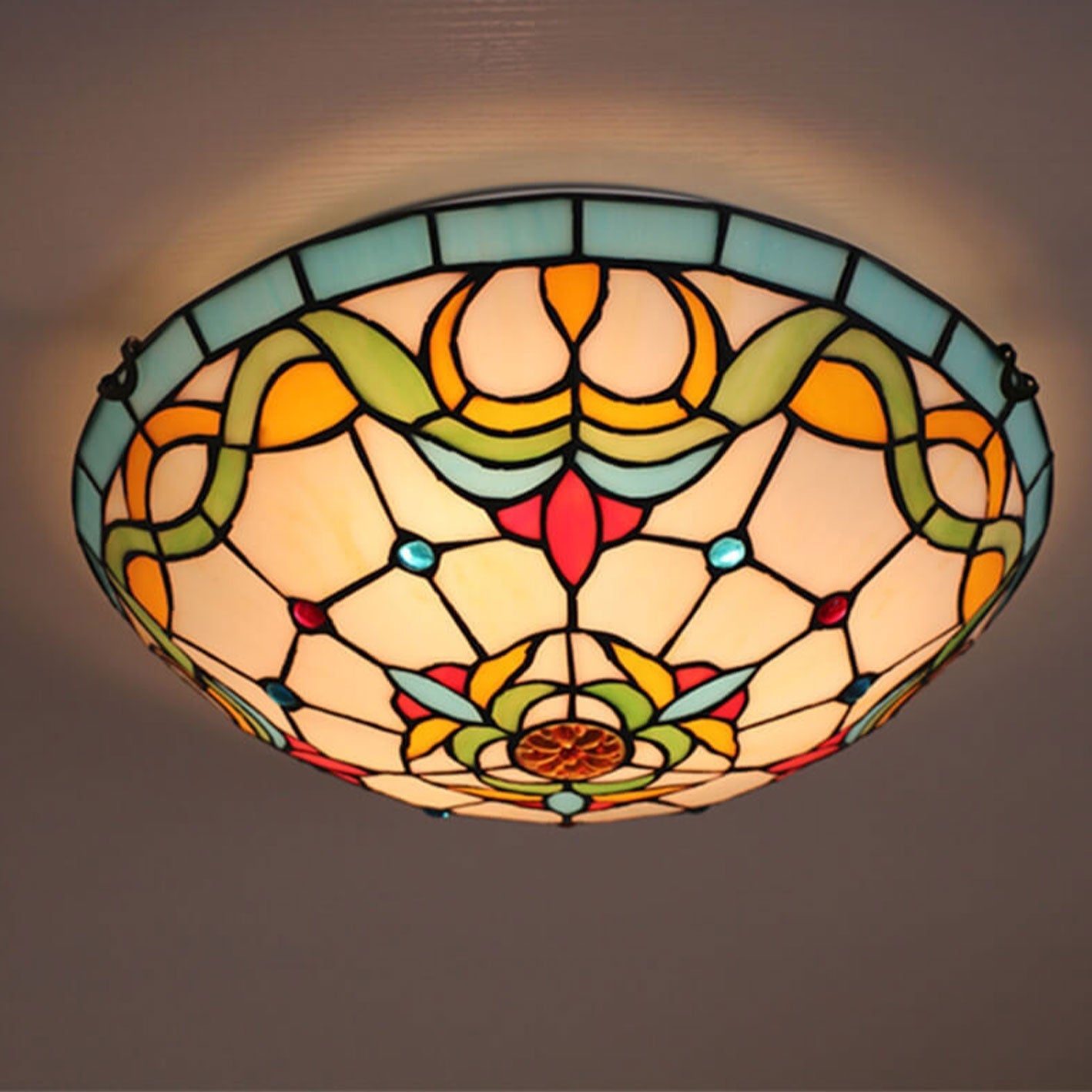 European Tiffany Flowers Stained Glass 3-Light Flush Mount Ceiling Light