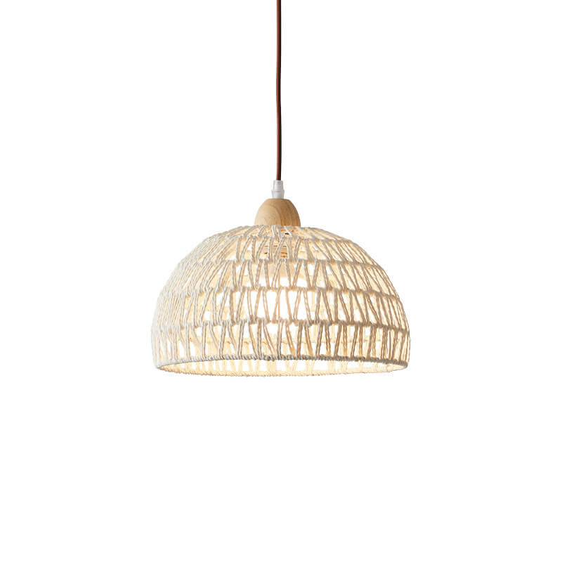 Contemporary Boho Wood Rattan Weaving Dome 1-Light Pendant Light For Dining Room
