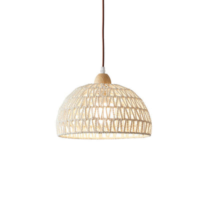Contemporary Boho Wood Rattan Weaving Dome 1-Light Pendant Light For Dining Room