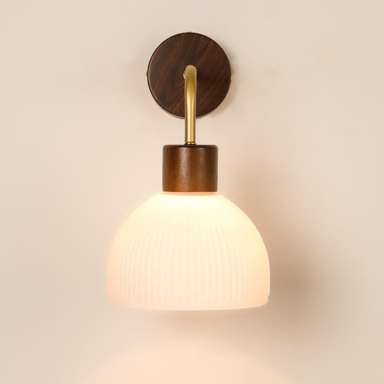 Japanese Walnut Striped Glass Dome 1-Light Wall Sconce Lamp
