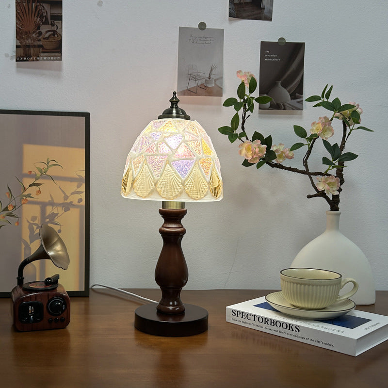 Traditional Vintage Wood Glass Hemispheroid Shell Lozenge 1-Light Table Lamp For Bedside