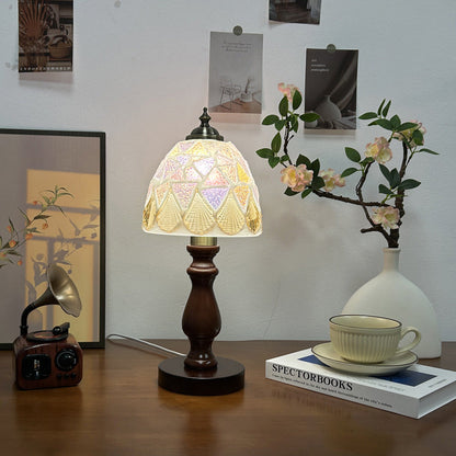 Traditional Vintage Wood Glass Hemispheroid Shell Lozenge 1-Light Table Lamp For Bedside