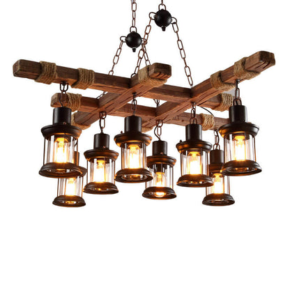 Retro Iron Rope Wooden 8-Light Hanging Chandeliers