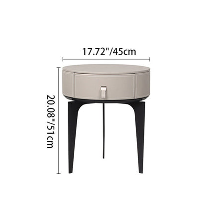 Modern Luxury Round Microfiber Leather Solid Wood Metal Nightstand 1-Drawer For Bedroom