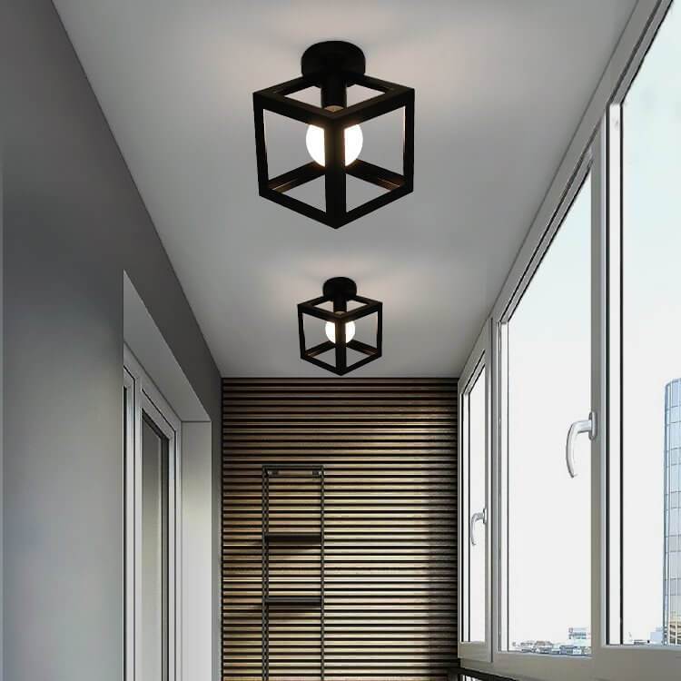 Wrought Iron 1-Light Square Shade Semi-Flush Mount Lighting