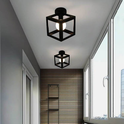 Wrought Iron 1-Light Square Shade Semi-Flush Mount Lighting