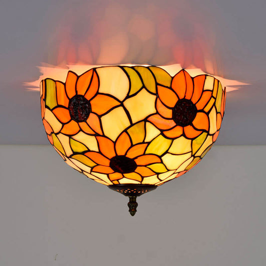 Vintage Tiffany Sunflower Stained Glass 2-Light Flush Mount Ceiling Light